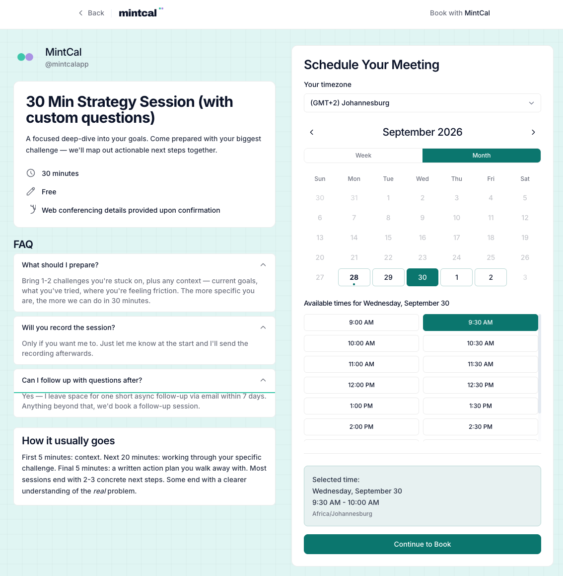 MintCal strategy session showing expanded FAQs and session details alongside the branded booking calendar